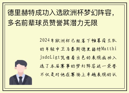 德里赫特成功入选欧洲杯梦幻阵容，多名前辈球员赞誉其潜力无限