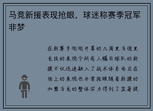 马竞新援表现抢眼，球迷称赛季冠军非梦